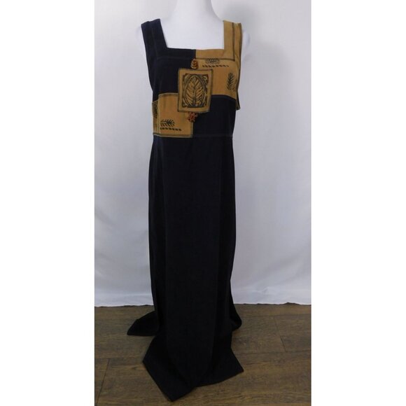 Vtg Nina Piccalino Black & Camel Patchwork Maxi Dress Sz M Leaf Print - Picture 1 of 11